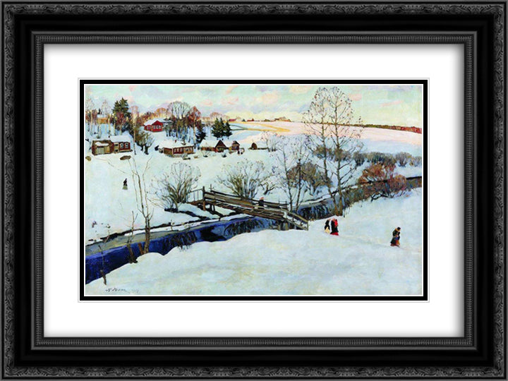 The Winter. Little Bridge 24x18 Black Ornate Wood Framed Art Print Poster with Double Matting by Yuon, Konstantin