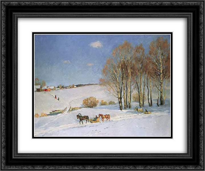 Winter Landscape with Horse - drawn Sleigh 24x20 Black Ornate Wood Framed Art Print Poster with Double Matting by Yuon, Konstantin