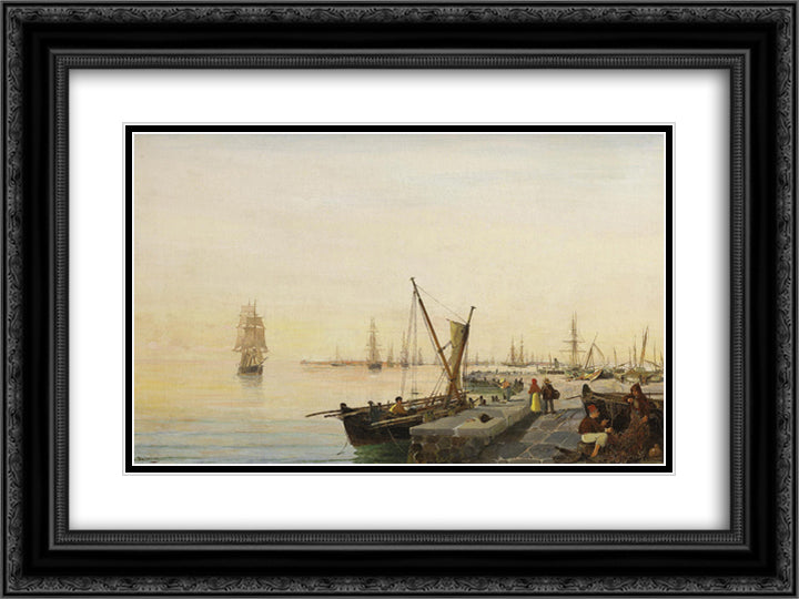A busy harbour 24x18 Black Ornate Wood Framed Art Print Poster with Double Matting by Volanakis, Konstantinos