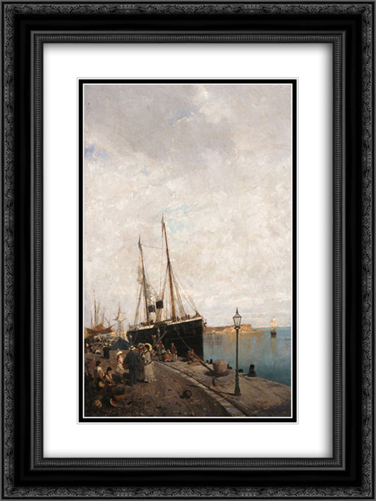 At the Jetty 18x24 Black Ornate Wood Framed Art Print Poster with Double Matting by Volanakis, Konstantinos