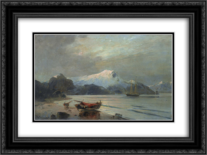 Bay with boats 24x18 Black Ornate Wood Framed Art Print Poster with Double Matting by Volanakis, Konstantinos