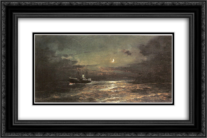 Boat at moonlight 24x16 Black Ornate Wood Framed Art Print Poster with Double Matting by Volanakis, Konstantinos
