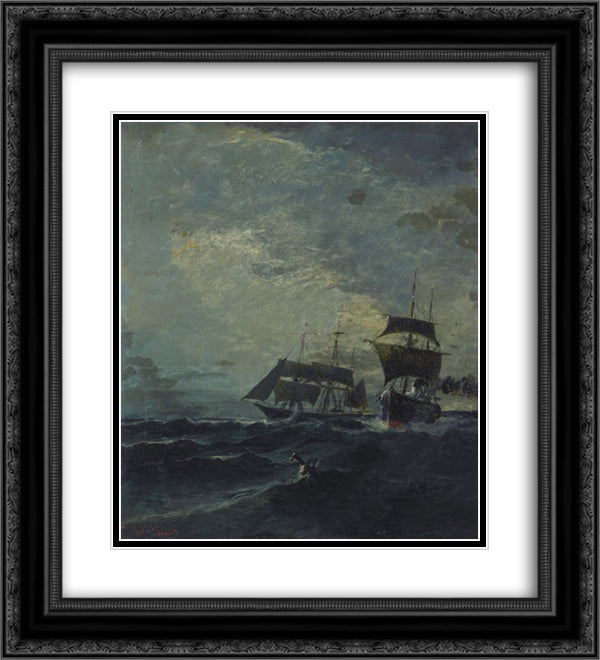 Boats at the sea 20x22 Black Ornate Wood Framed Art Print Poster with Double Matting by Volanakis, Konstantinos