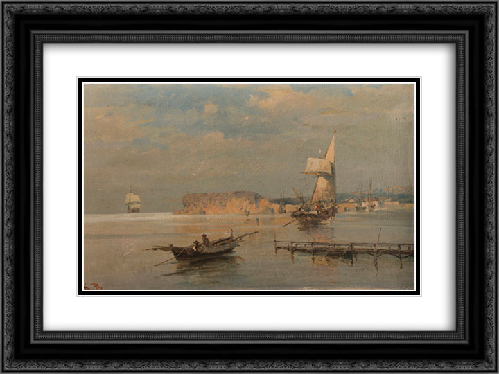 Boats in a port 24x18 Black Ornate Wood Framed Art Print Poster with Double Matting by Volanakis, Konstantinos