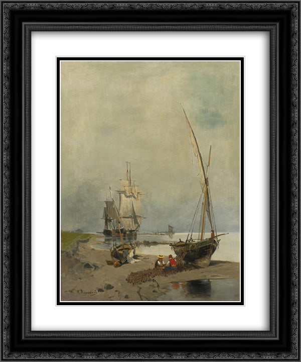 Mending the nets 20x24 Black Ornate Wood Framed Art Print Poster with Double Matting by Volanakis, Konstantinos