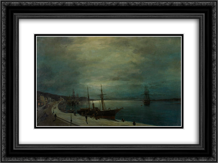 Moonlit harbour 24x18 Black Ornate Wood Framed Art Print Poster with Double Matting by Volanakis, Konstantinos