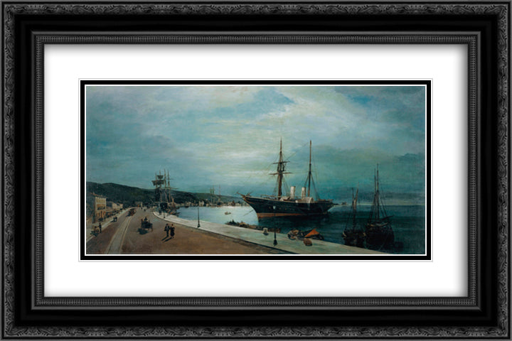 Moonlit harbour of Volos 24x16 Black Ornate Wood Framed Art Print Poster with Double Matting by Volanakis, Konstantinos