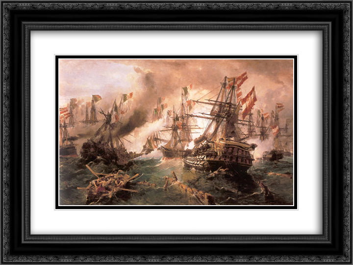 Naval battle at Lissa 24x18 Black Ornate Wood Framed Art Print Poster with Double Matting by Volanakis, Konstantinos