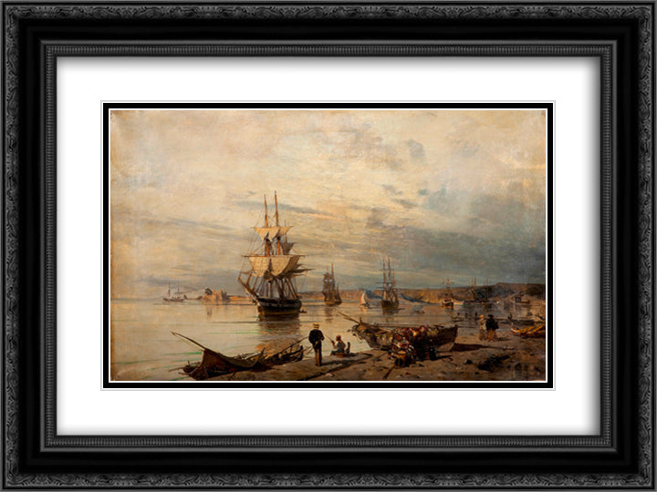 Sunset at the seashore 24x18 Black Ornate Wood Framed Art Print Poster with Double Matting by Volanakis, Konstantinos