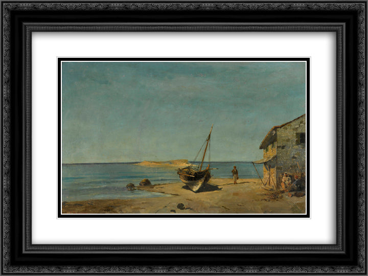 The fisherman's home on the beach 24x18 Black Ornate Wood Framed Art Print Poster with Double Matting by Volanakis, Konstantinos