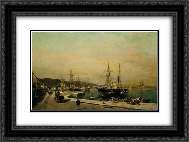 The port of Volos 24x18 Black Ornate Wood Framed Art Print Poster with Double Matting by Volanakis, Konstantinos