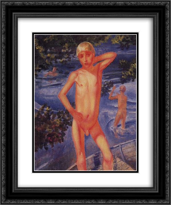 Bathing boys 20x24 Black Ornate Wood Framed Art Print Poster with Double Matting by Petrov Vodkin, Kuzma
