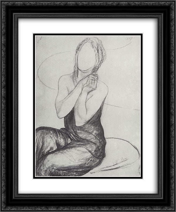 Drawing a picture of the Witch 20x24 Black Ornate Wood Framed Art Print Poster with Double Matting by Petrov Vodkin, Kuzma