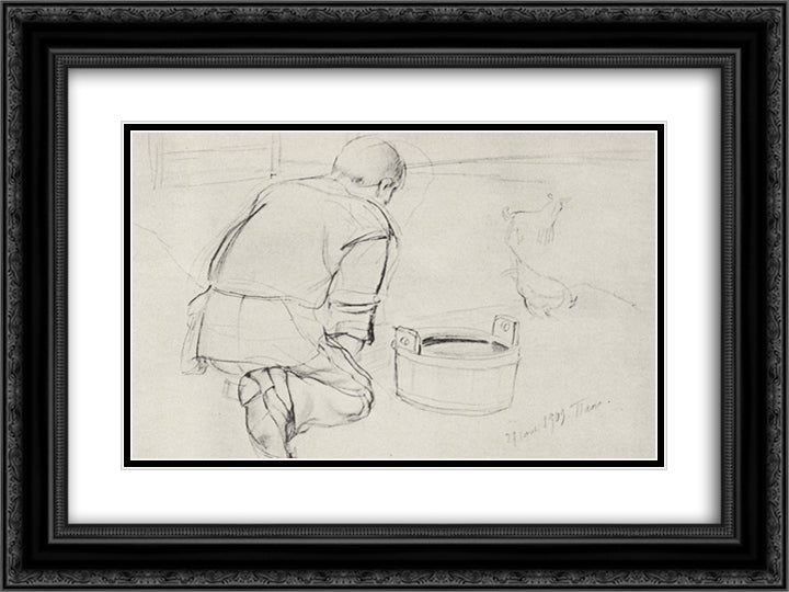 Figure of S.F.Petrova-Vodkin, the artist's father, on his knees from the back 24x18 Black Ornate Wood Framed Art Print Poster with Double Matting by Petrov Vodkin, Kuzma