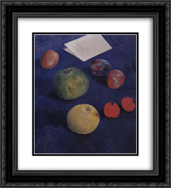 Fruit on a blue tablecloth 20x22 Black Ornate Wood Framed Art Print Poster with Double Matting by Petrov Vodkin, Kuzma