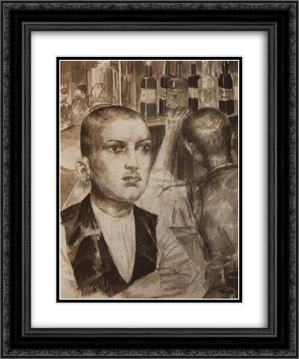 Garson Parisian cafe 20x24 Black Ornate Wood Framed Art Print Poster with Double Matting by Petrov Vodkin, Kuzma