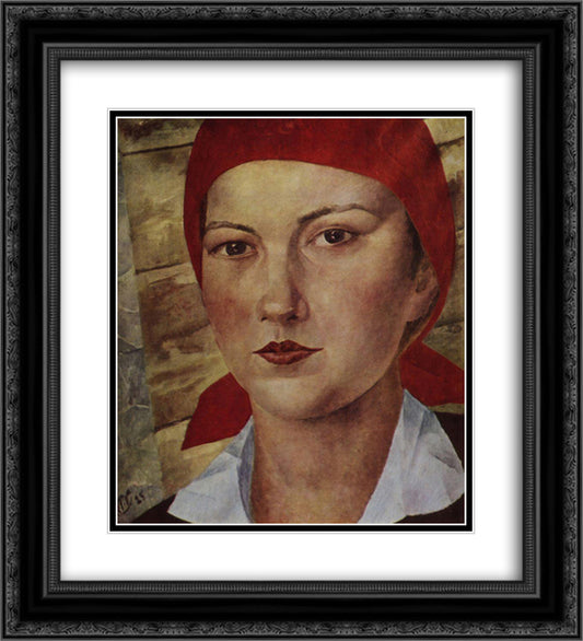 Girl in red scarf (worker) 20x22 Black Ornate Wood Framed Art Print Poster with Double Matting by Petrov Vodkin, Kuzma