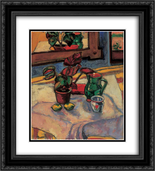 Still-life with Flowes in a Pot 20x22 Black Ornate Wood Framed Art Print Poster with Double Matting by Tihanyi, Lajos