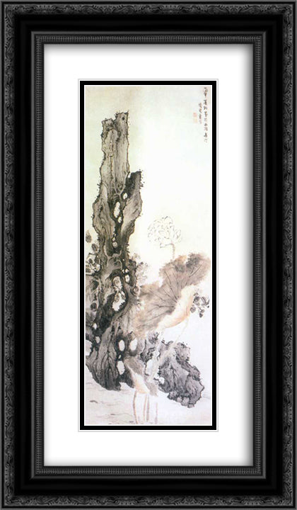 Flower and Rock 14x24 Black Ornate Wood Framed Art Print Poster with Double Matting by Ying, Lan