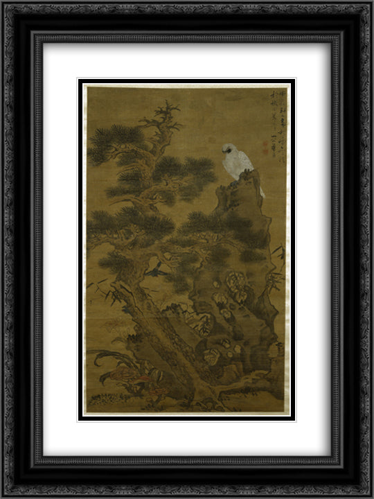Pine Tree, White Hawk, and Rock 18x24 Black Ornate Wood Framed Art Print Poster with Double Matting by Ying, Lan