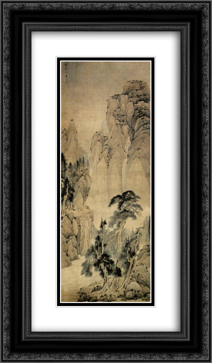 Pines and the Waterfall 14x24 Black Ornate Wood Framed Art Print Poster with Double Matting by Ying, Lan