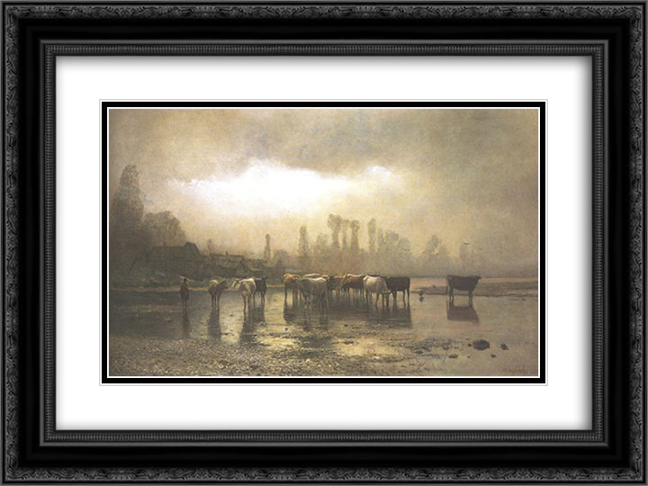 Watering 24x18 Black Ornate Wood Framed Art Print Poster with Double Matting by Mednyanszky, Laszlo
