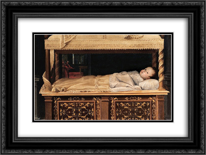 Newborn Baby in a Crib 24x18 Black Ornate Wood Framed Art Print Poster with Double Matting by Fontana, Lavinia