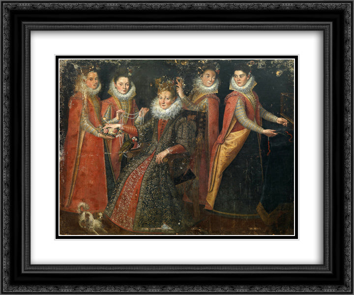 Portrait of Five Women with a Dog and a Parrot 24x20 Black Ornate Wood Framed Art Print Poster with Double Matting by Fontana, Lavinia