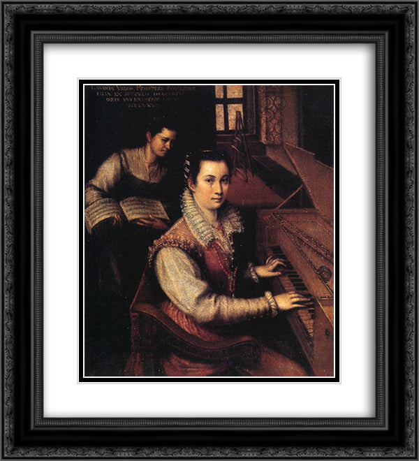 Self-Portrait at the Clavichord with a Servant 20x22 Black Ornate Wood Framed Art Print Poster with Double Matting by Fontana, Lavinia