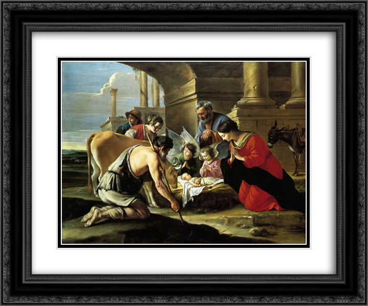 Adoration of the Shepherds 24x20 Black Ornate Wood Framed Art Print Poster with Double Matting by Le Nain brothers