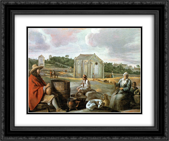 Landscape with Peasants and a Chapel 24x20 Black Ornate Wood Framed Art Print Poster with Double Matting by Le Nain brothers