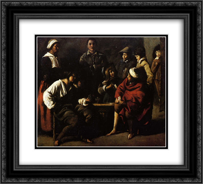 Small card players 22x20 Black Ornate Wood Framed Art Print Poster with Double Matting by Le Nain brothers