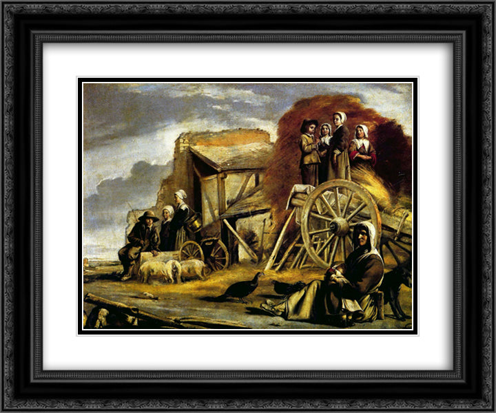 The Cart 24x20 Black Ornate Wood Framed Art Print Poster with Double Matting by Le Nain brothers