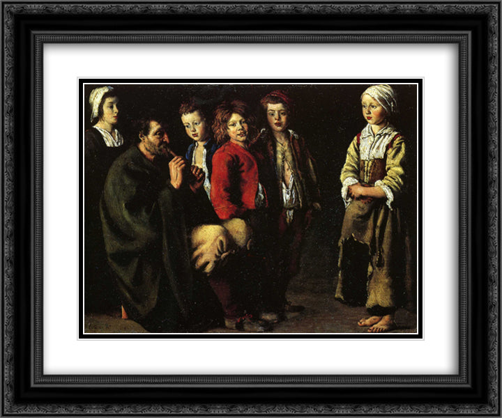The old player of Flageolet 24x20 Black Ornate Wood Framed Art Print Poster with Double Matting by Le Nain brothers