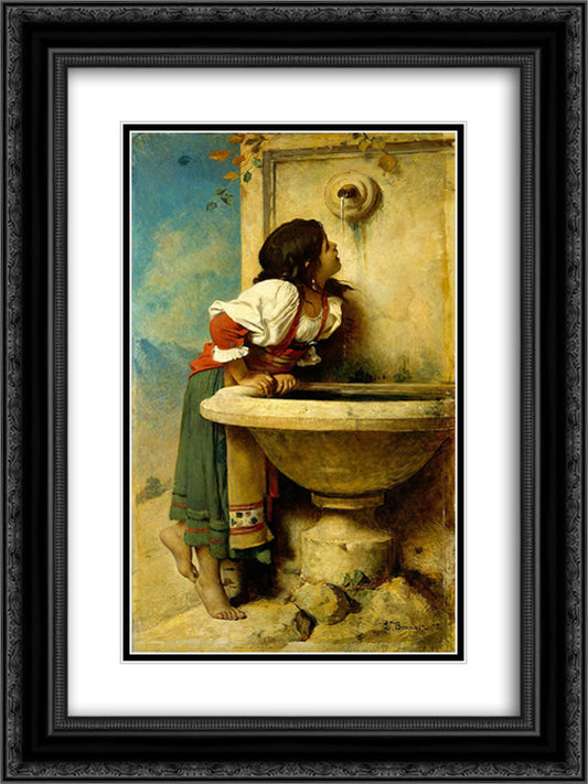 Fille romaine a la fontaine 18x24 Black Ornate Wood Framed Art Print Poster with Double Matting by Bonnat, Leon