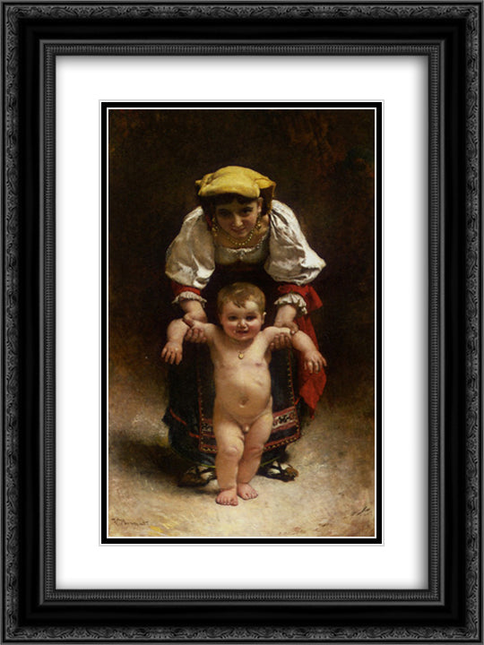 First Steps 18x24 Black Ornate Wood Framed Art Print Poster with Double Matting by Bonnat, Leon