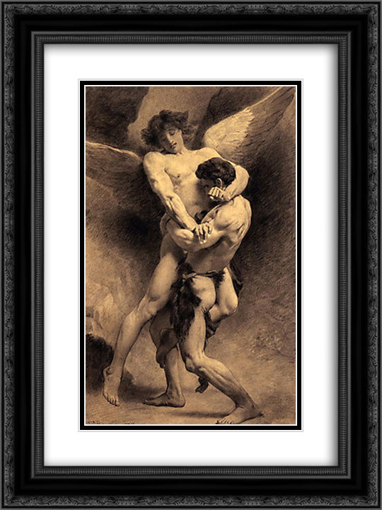 Jacob Wrestling the Angel 18x24 Black Ornate Wood Framed Art Print Poster with Double Matting by Bonnat, Leon