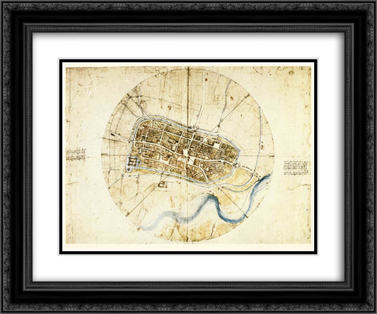 A plan of Imola 24x20 Black Ornate Wood Framed Art Print Poster with Double Matting by da Vinci, Leonardo