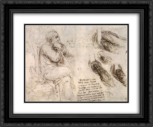 A seated man, and studies and notes on the movement of water 24x20 Black Ornate Wood Framed Art Print Poster with Double Matting by da Vinci, Leonardo