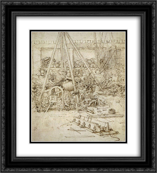 An Artillery Park 20x22 Black Ornate Wood Framed Art Print Poster with Double Matting by da Vinci, Leonardo