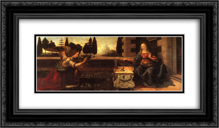 Annunciation 24x14 Black Ornate Wood Framed Art Print Poster with Double Matting by da Vinci, Leonardo