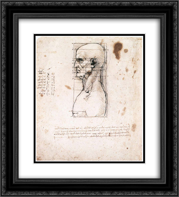 Bust of a man in profile with measurements and notes 20x22 Black Ornate Wood Framed Art Print Poster with Double Matting by da Vinci, Leonardo