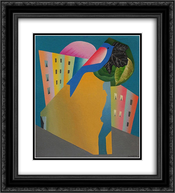 L'oiseau 20x22 Black Ornate Wood Framed Art Print Poster with Double Matting by Survage, Leopold