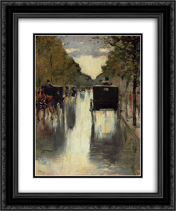 Berlin street scene with horse-drawn cabs 20x24 Black Ornate Wood Framed Art Print Poster with Double Matting by Ury, Lesser