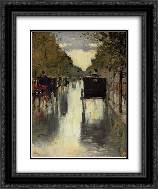 Berlin street scene with horse-drawn cabs 20x24 Black Ornate Wood Framed Art Print Poster with Double Matting by Ury, Lesser