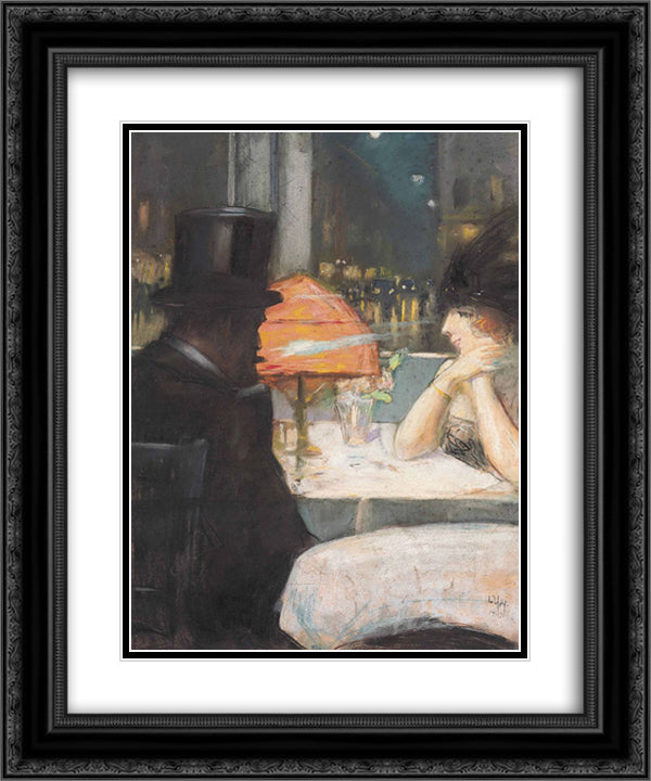 Dame und Herr im Restaurant 20x24 Black Ornate Wood Framed Art Print Poster with Double Matting by Ury, Lesser