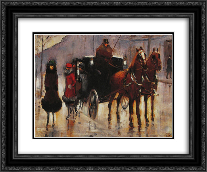 Damen, einer Droschke entsteigend 24x20 Black Ornate Wood Framed Art Print Poster with Double Matting by Ury, Lesser