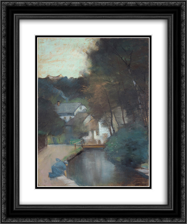 Hauser am Fluss mit einer waschenden Frau 20x24 Black Ornate Wood Framed Art Print Poster with Double Matting by Ury, Lesser