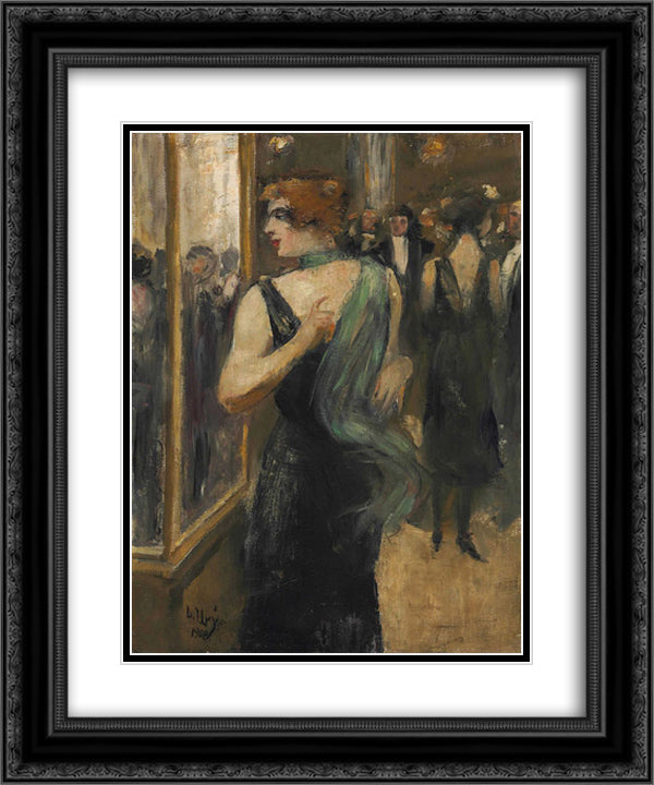 Lady in black evening dress with green scarf 20x24 Black Ornate Wood Framed Art Print Poster with Double Matting by Ury, Lesser