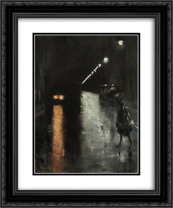 Nachtliche Strassenszene, Berlin 20x24 Black Ornate Wood Framed Art Print Poster with Double Matting by Ury, Lesser